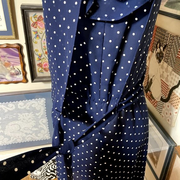 80s Vintage Navy Blue and White Scoop Neck Tulip Sleeve Dress with Side Ties XL - Picture 5 of 6